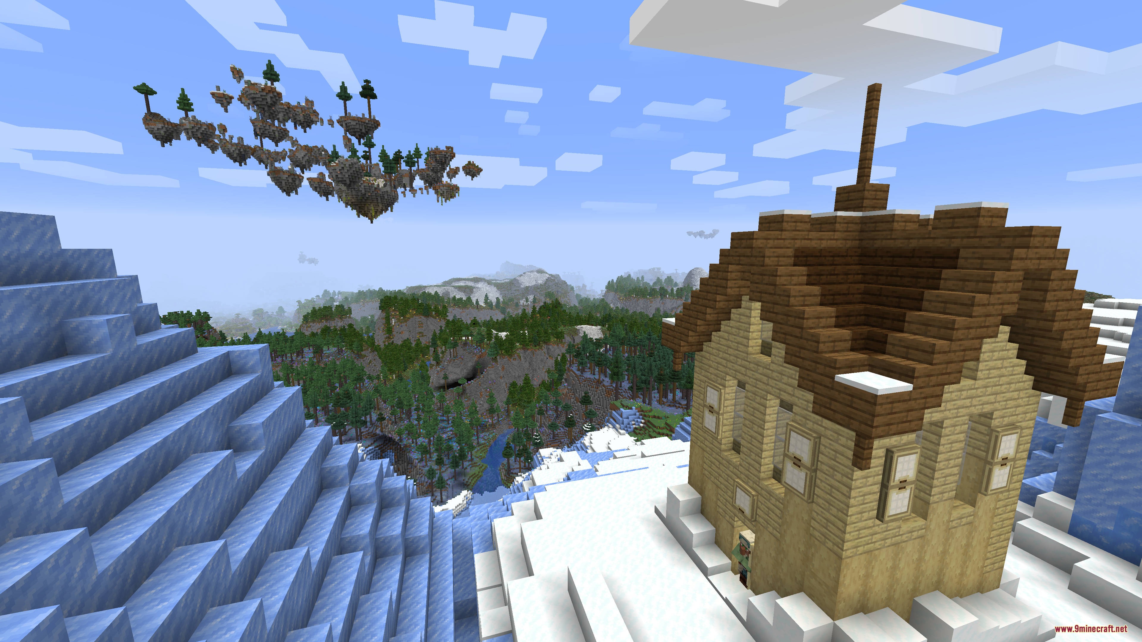 A small wooden house sits on a snowy mountain overlooking floating sky islands