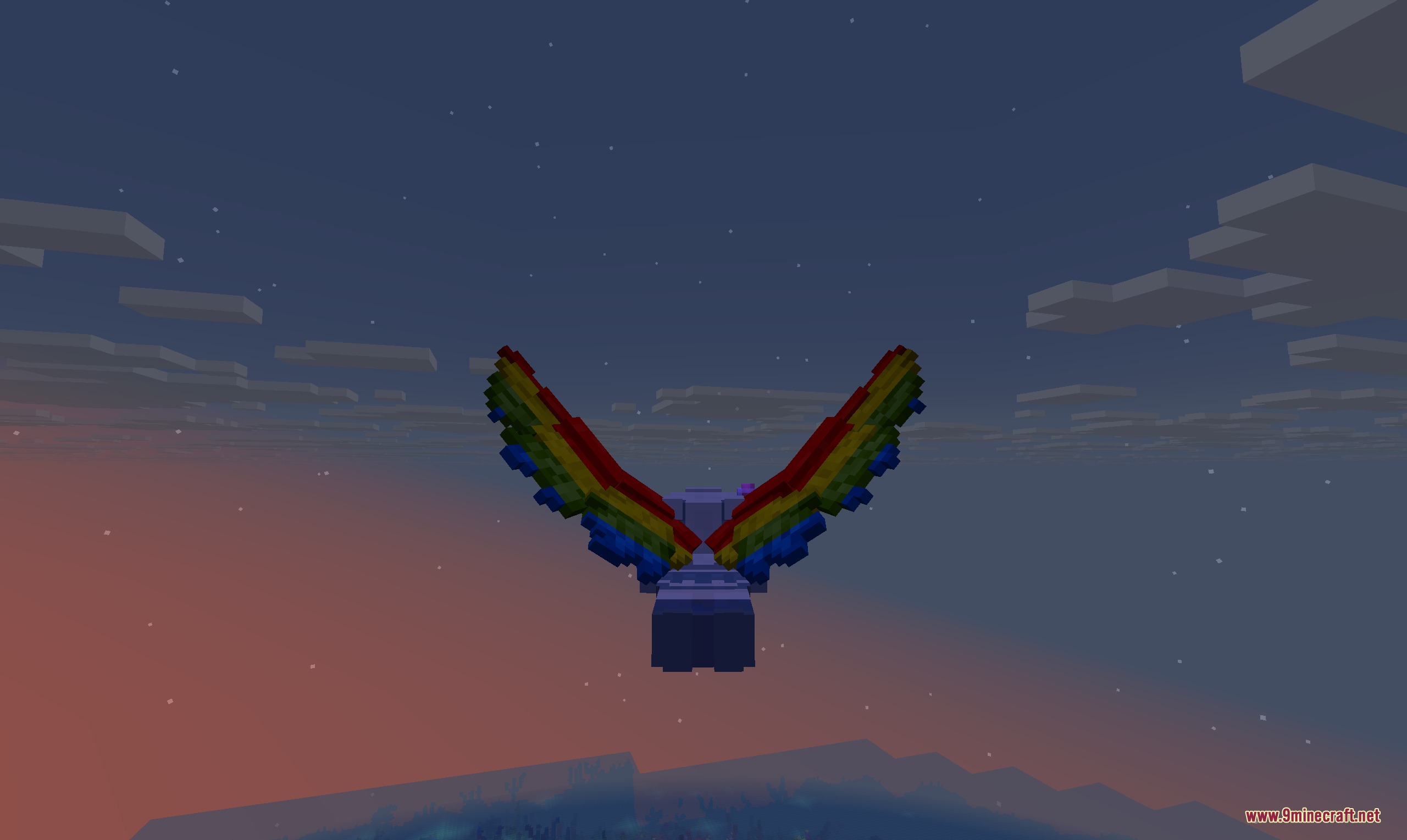 Aetheric Flight Strands Mod Screenshot 1 Minecraft character flying through the night sky with vibrant rainbow parrot wings
