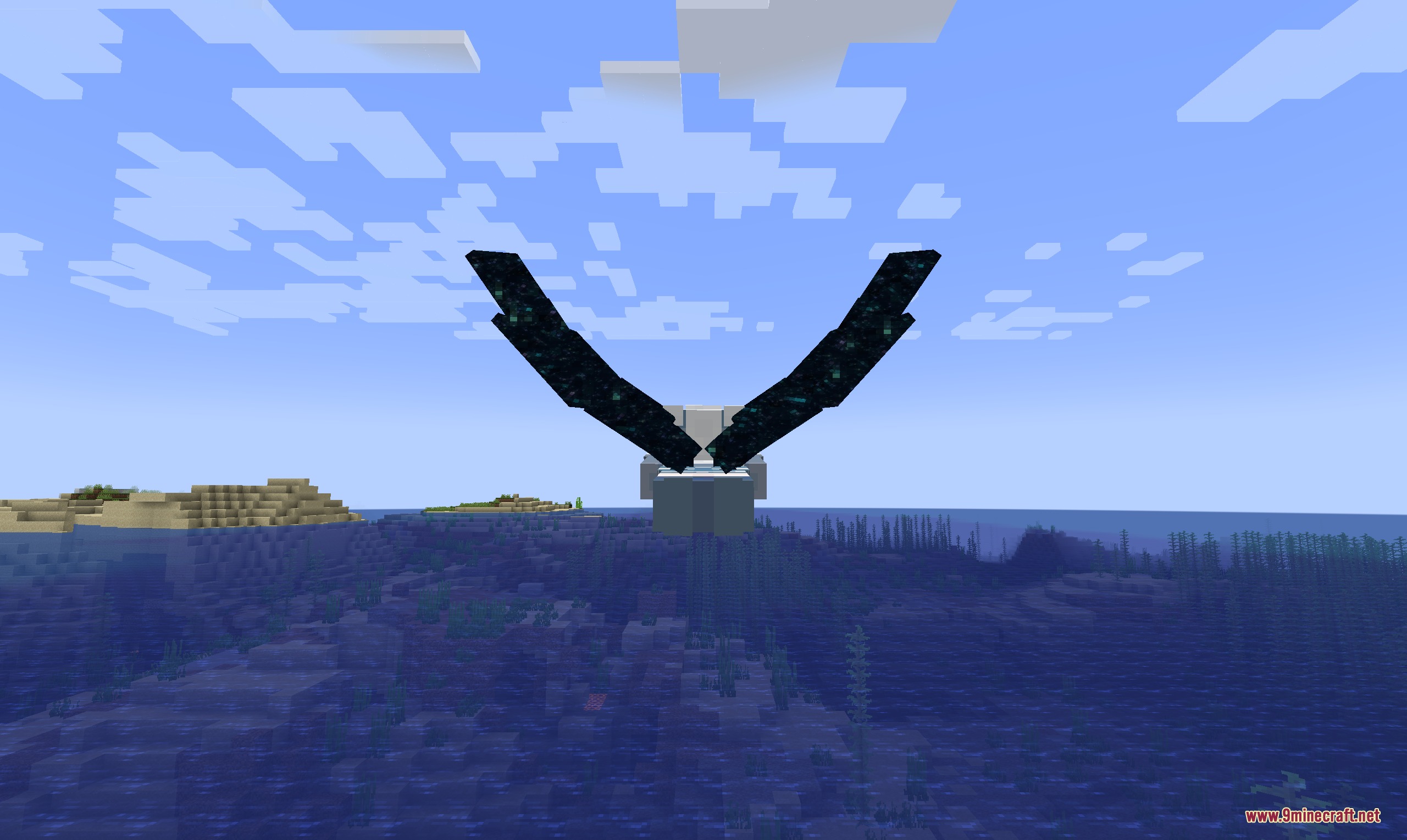 Aetheric Flight Strands Mod Screenshot 2 A player soaring over the ocean using dark dragon wings during the day