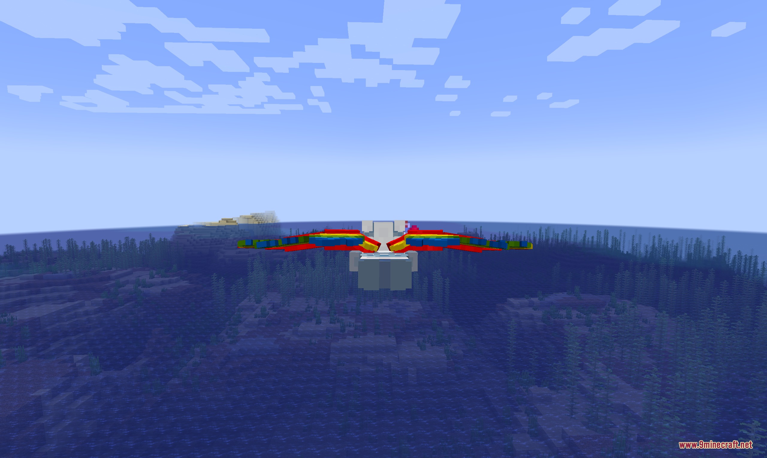 Aetheric Flight Strands Mod Screenshot 3 A player character flying over the ocean with colorful parrot wings