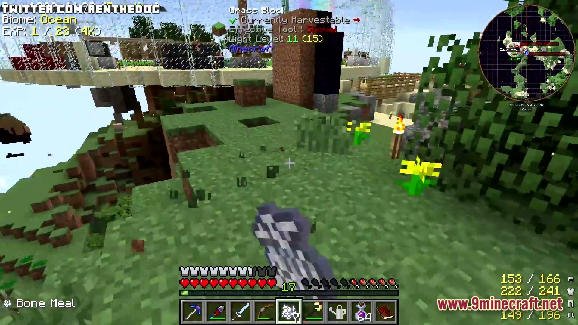 Aetheric Infinity Zenith Modpack Screenshot 1 A player holds bone meal on a floating island base with various machines and a minimap