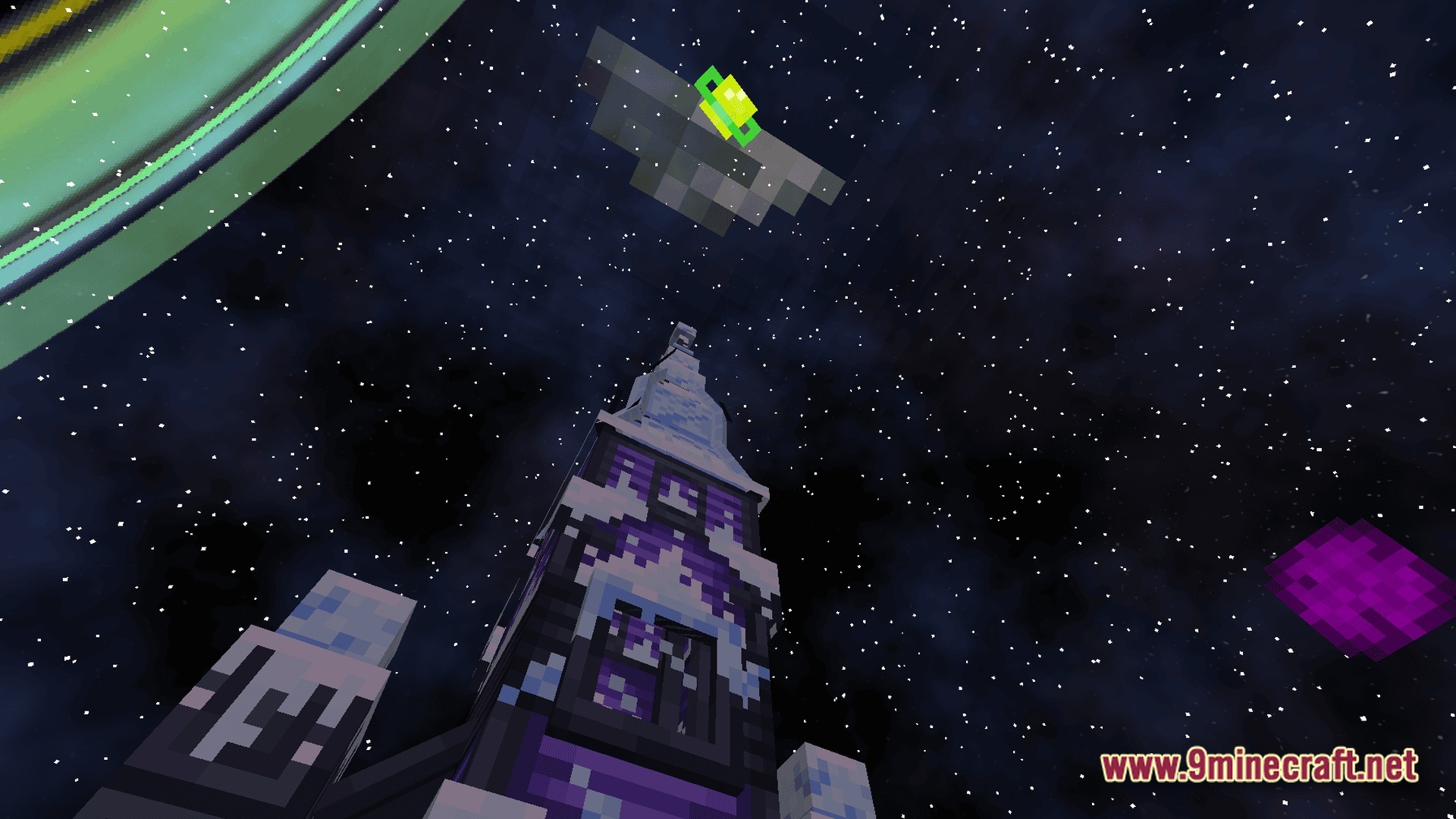 Aetheric Infinity Zenith Modpack Screenshot 10 A tall purple tower stands under a starry night sky with celestial bodies and a flying mob