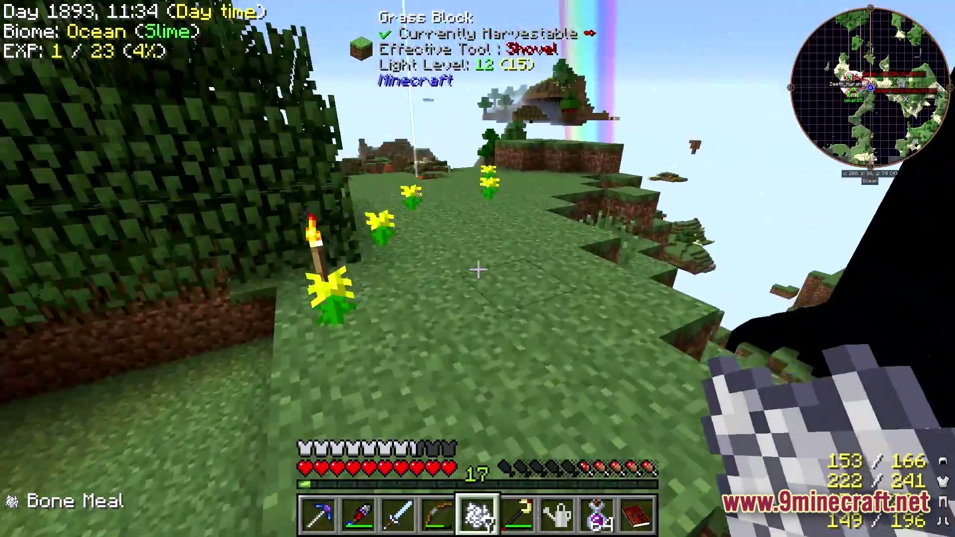Aetheric Infinity Zenith Modpack Screenshot 2 A player holds bone meal on a floating island with a rainbow in the distance