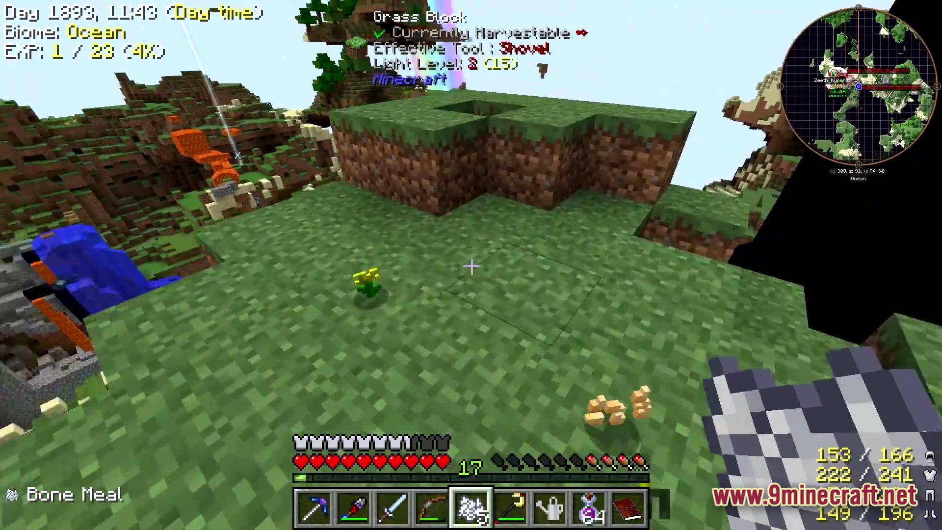 Aetheric Infinity Zenith Modpack Screenshot 3 A player holds bone meal while standing on a floating grass island with various HUD overlays