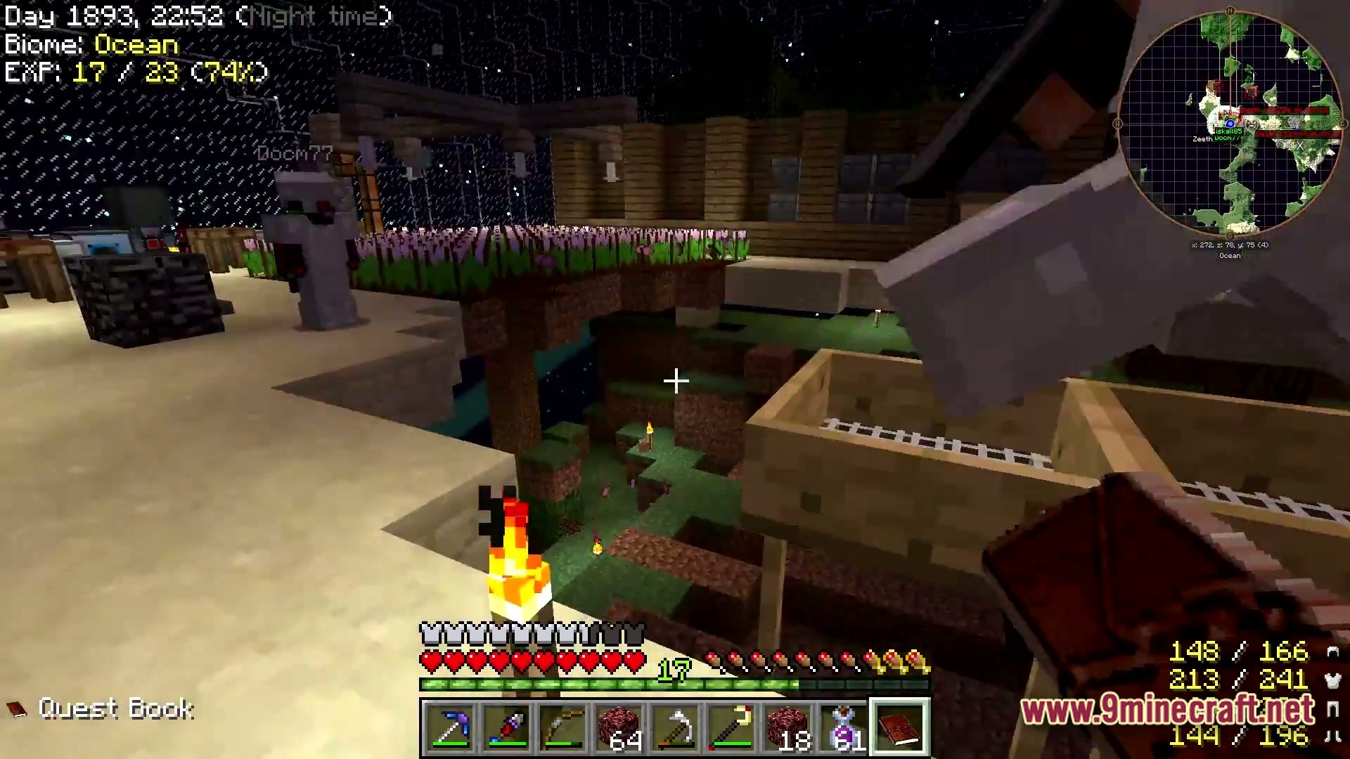 Aetheric Infinity Zenith Modpack Screenshot 4 A player stands near a flower farm and wooden structures at night in an ocean biome