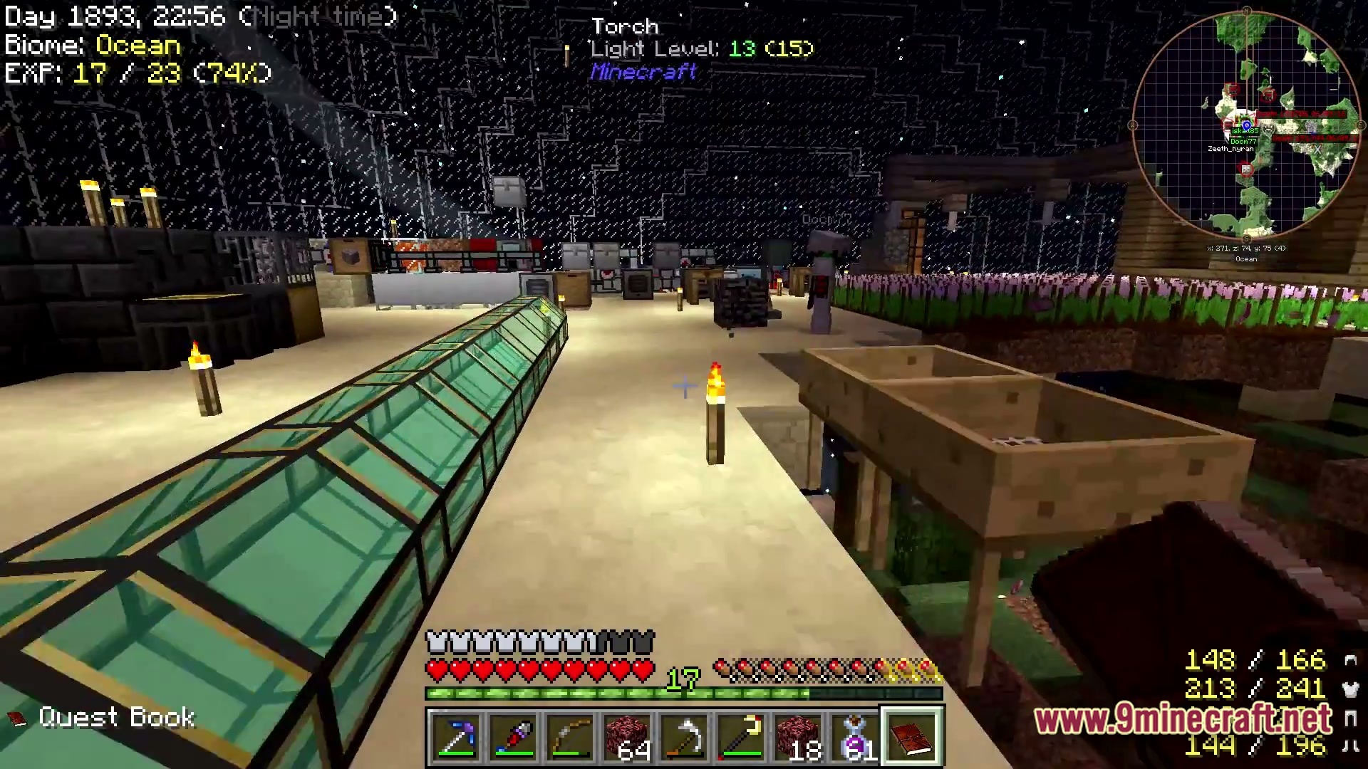 Aetheric Infinity Zenith Modpack Screenshot 5 A player stands inside a glass-domed base featuring various machines, crops, and a detailed heads-up display