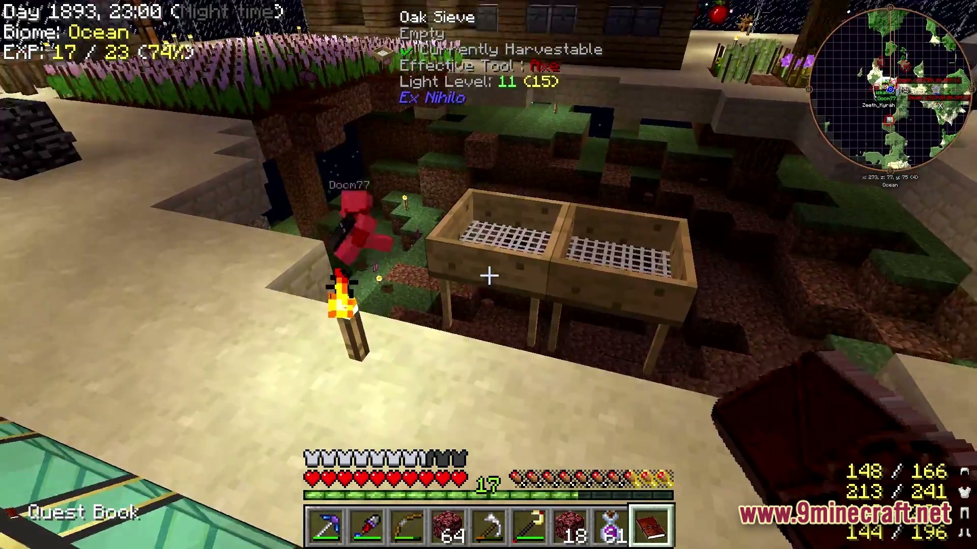 Aetheric Infinity Zenith Modpack Screenshot 6 Two Ex Nihilo Oak Sieves placed on a platform in an ocean biome at night