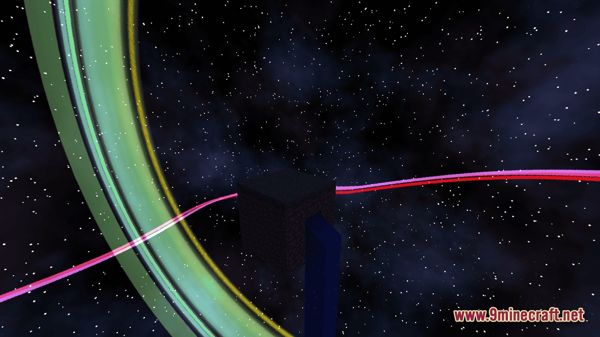 Aetheric Infinity Zenith Modpack Screenshot 7 A dark stone platform floats in a space dimension surrounded by colorful orbital rings and stars
