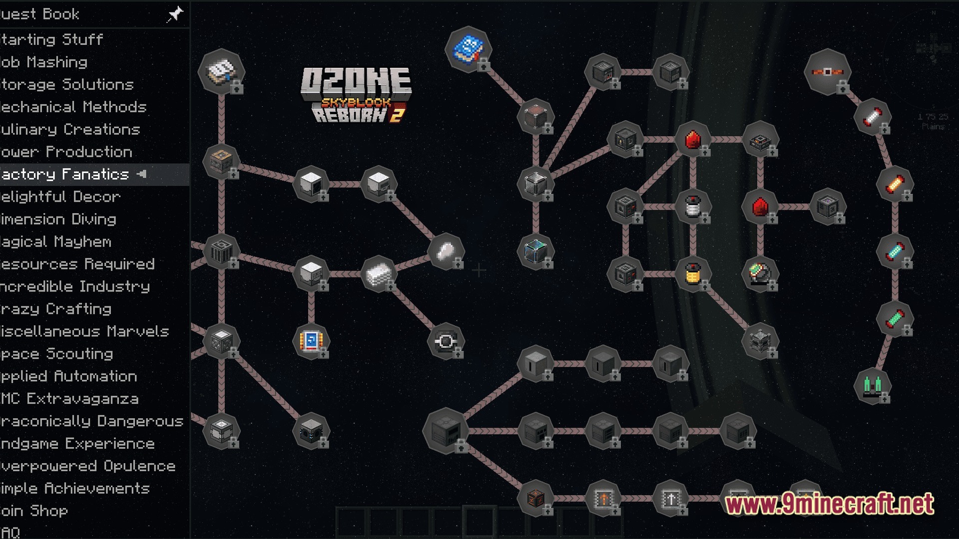 Aetheric Infinity Zenith Modpack Screenshot 9 A branching quest book interface displaying progression paths for various machines, items, and technical resources