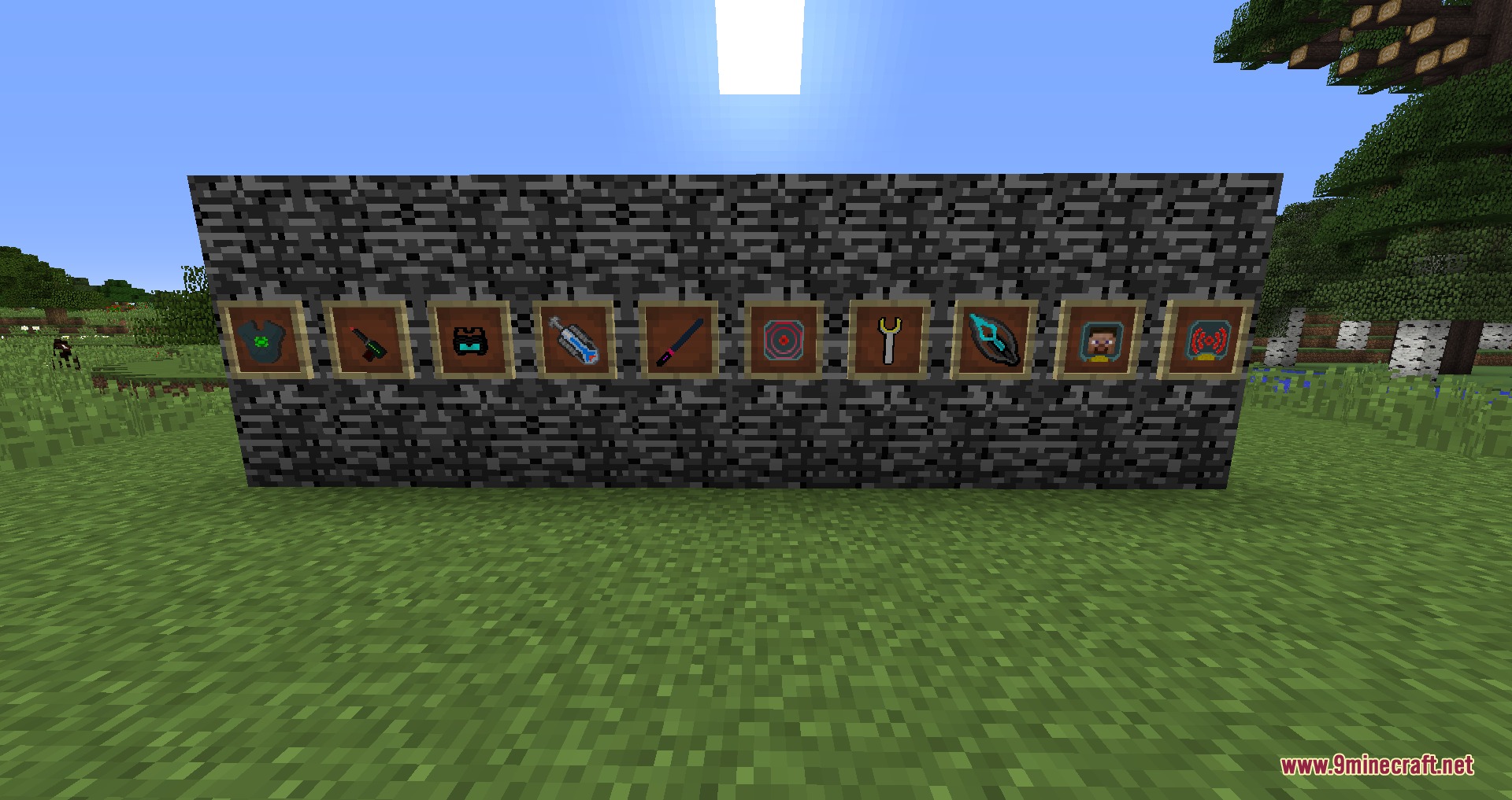 Aetheric Power Grid Mod Screenshot 1 Modded tools and equipment showcased in item frames against a bedrock wall