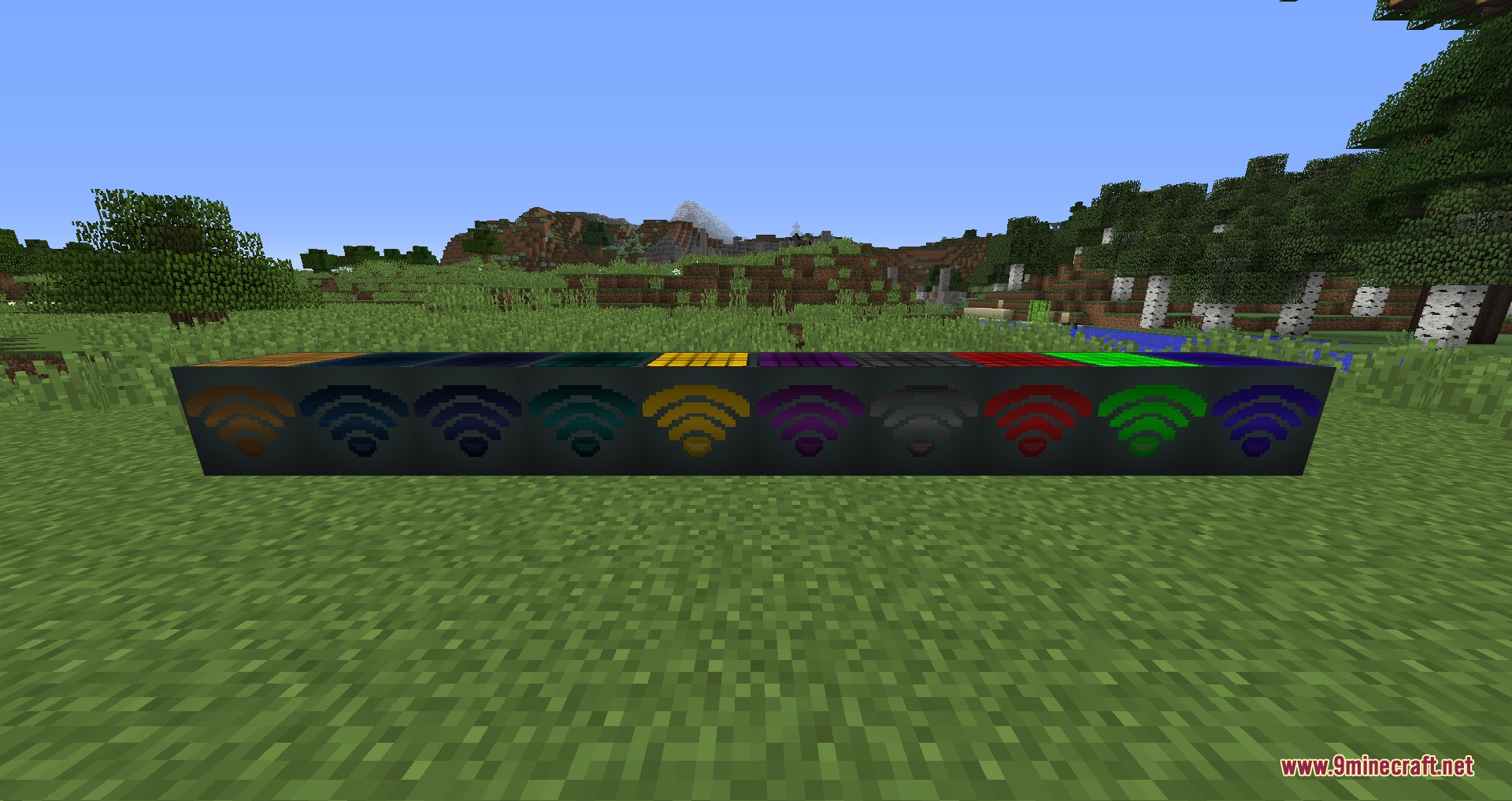 Aetheric Power Grid Mod Screenshot 4 A line of blocks displaying colorful wireless signal icons on their sides