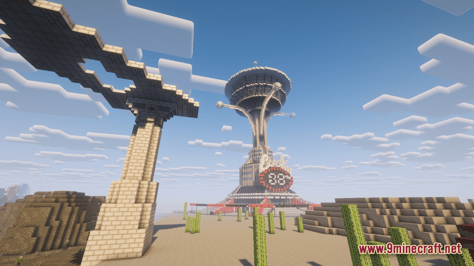 After The Nukes Modpack Screenshot 10 A large Lucky 38 casino tower structure stands in a desert biome with cacti and ruins
