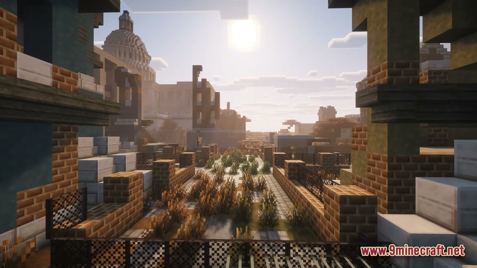 After The Nukes Modpack Screenshot 3 Overgrown ruins of a post-apocalyptic city featuring brick buildings and a large domed structure