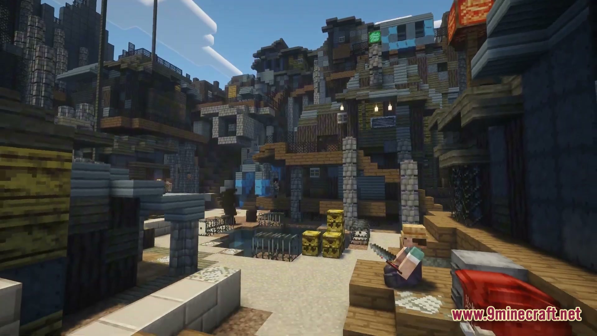 After The Nukes Modpack Screenshot 5 A player sits in a post-apocalyptic shanty town built from scrap wood and stone materials