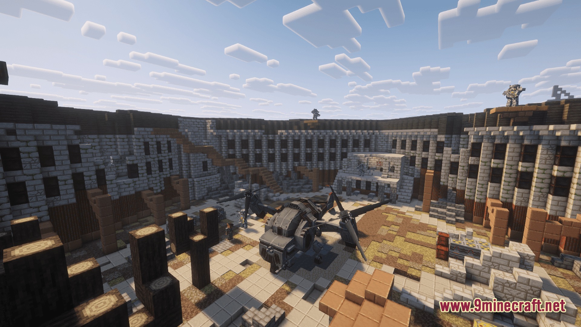 After The Nukes Modpack Screenshot 7 A military vertibird landed in the courtyard of a fortified stone base with guards on watch