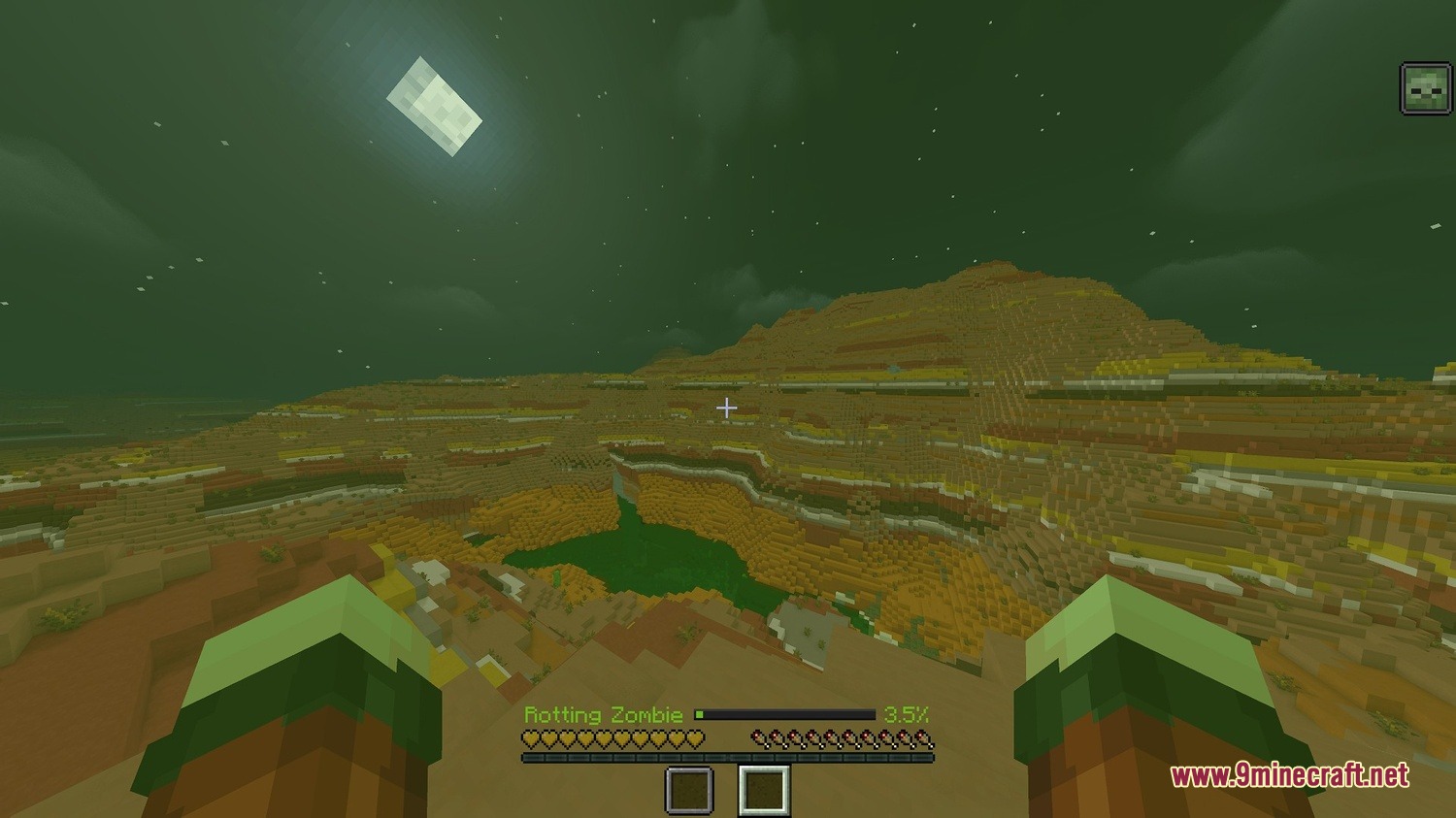 A player transformed into a zombie looks over a green infected lake at night