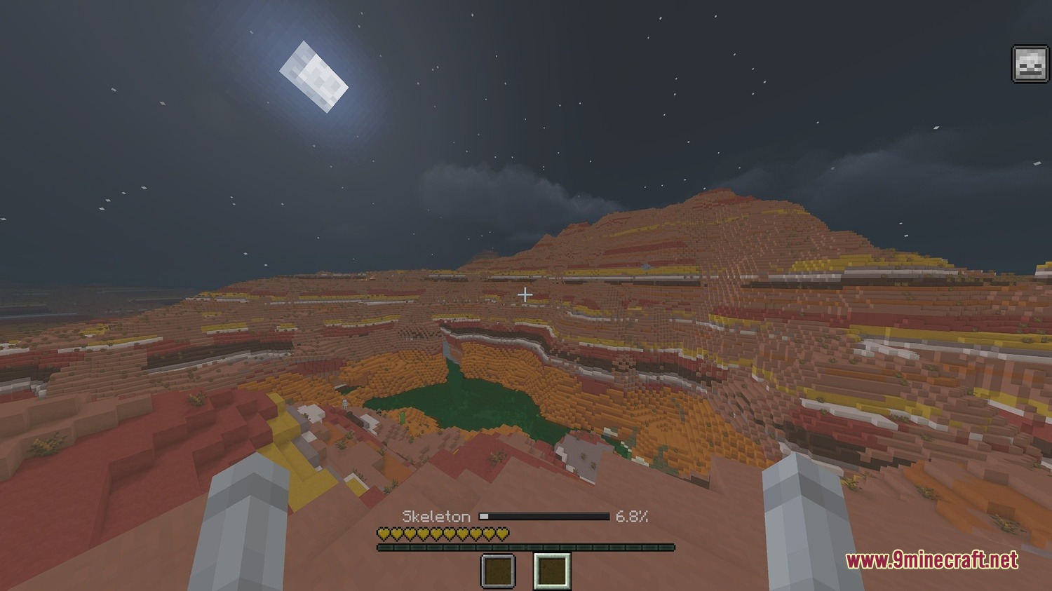A player in skeleton form views a mesa landscape with a green pool