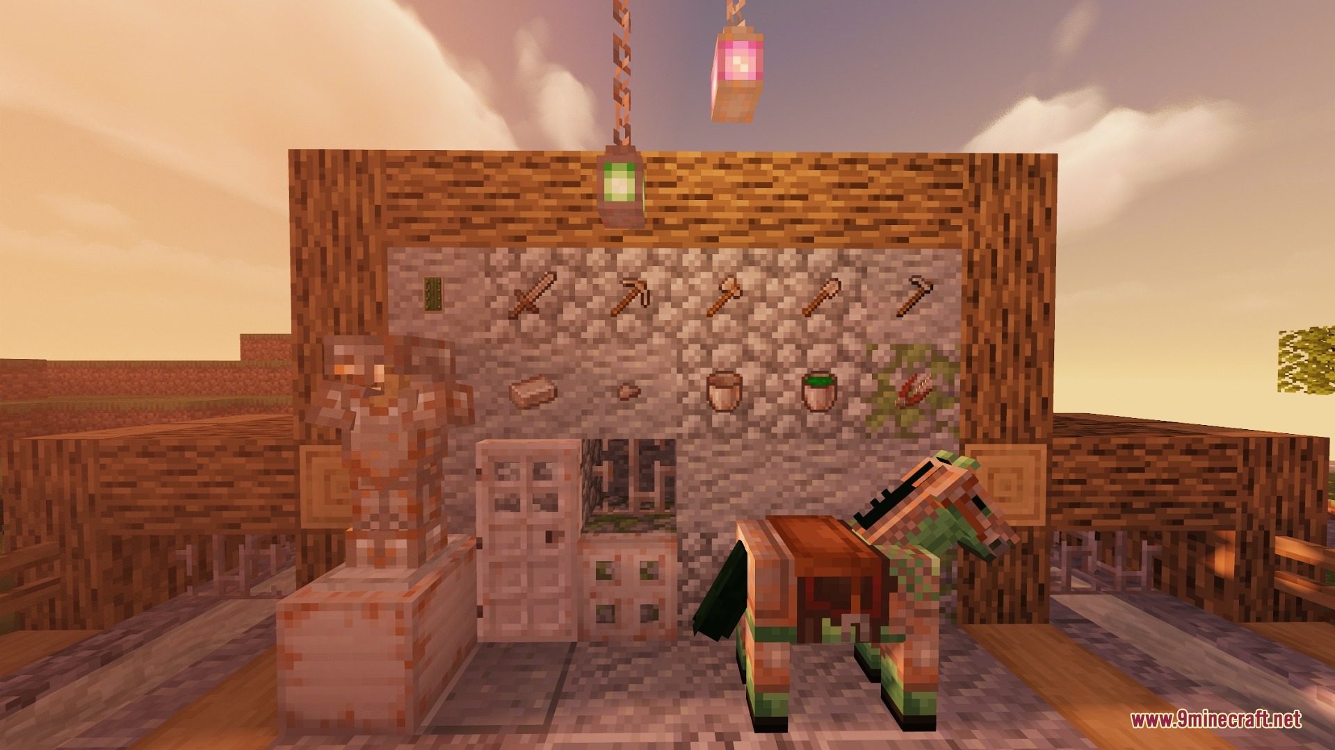 Rusty iron tools and armor displayed next to an infected horse in Minecraft