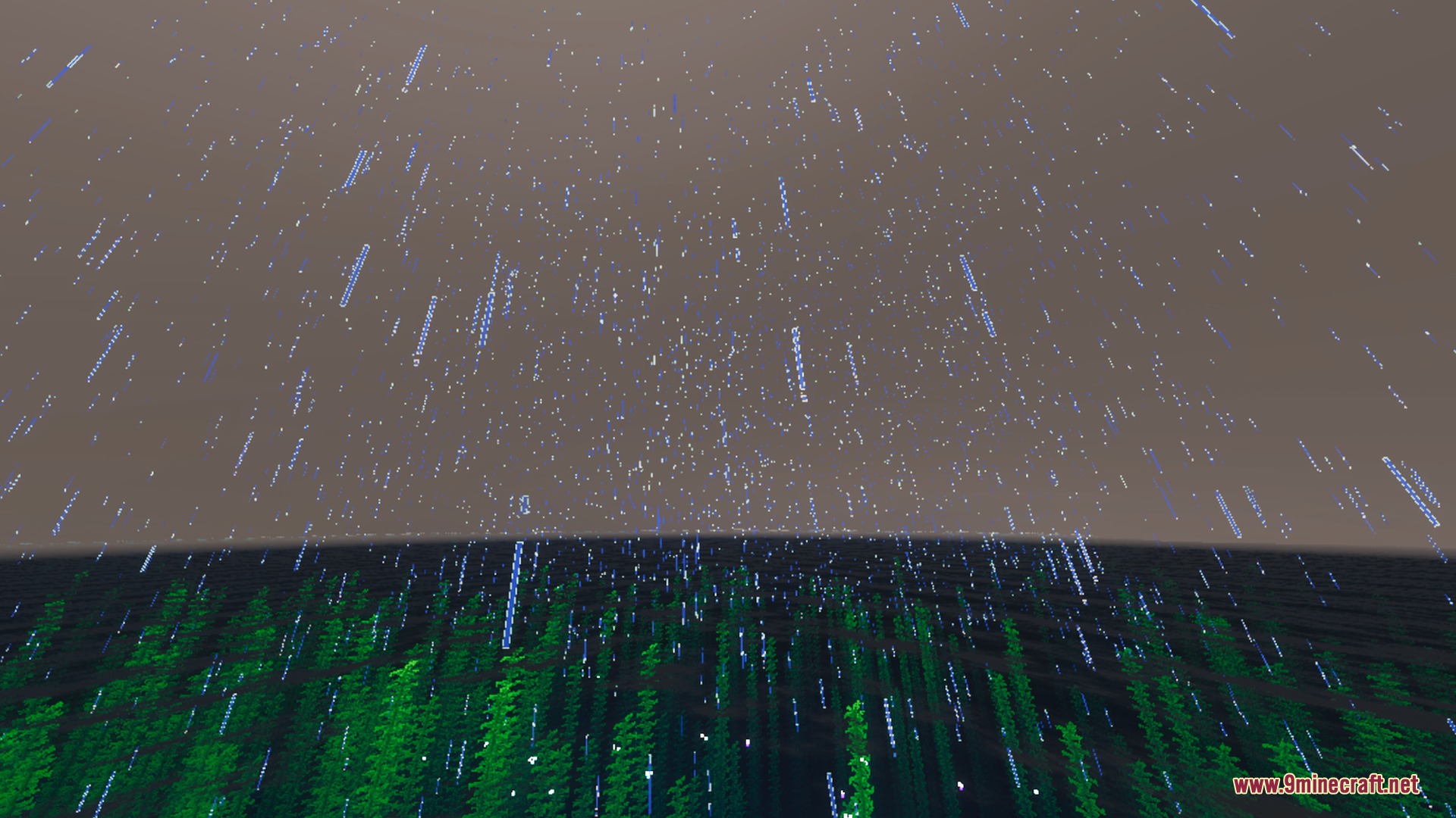 Agni Shader HD Shader Screenshot 10 Rain falling over a dark landscape with glowing green plants during a storm