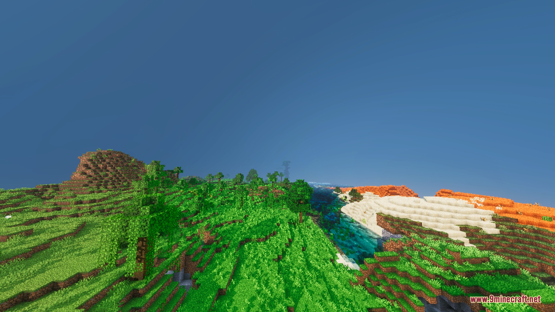 Agni Shader HD Shader Screenshot 9 Lush green hills and a desert biome meet near a river under blue skies