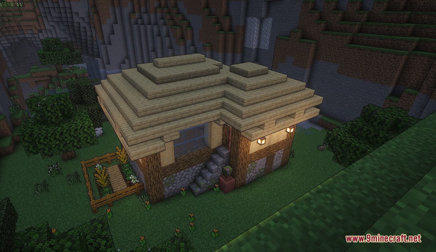 Aio's Extra Structures Mod Screenshot 1 A cozy rustic house with a tiered wooden roof and small garden