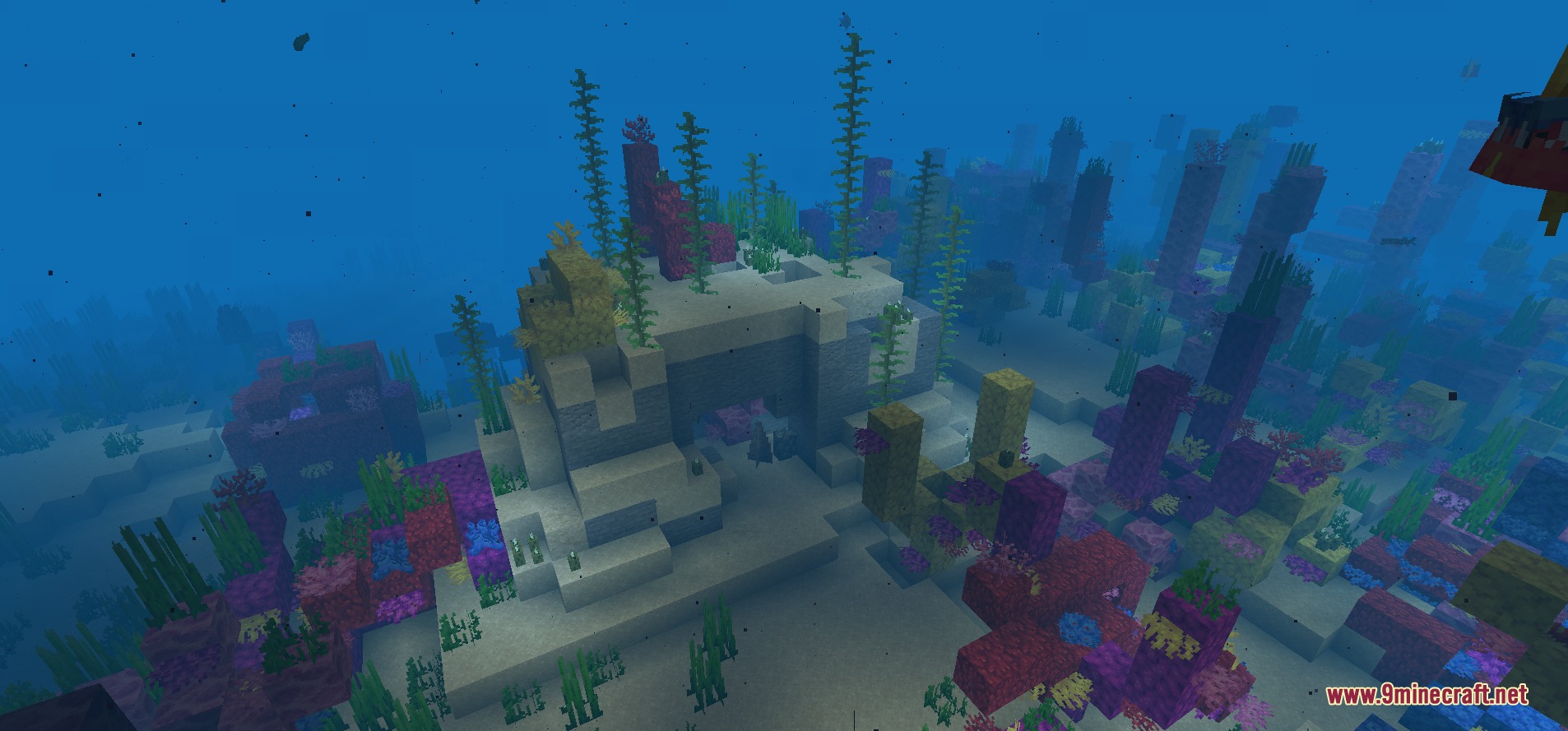 Aio's Extra Structures Mod Screenshot 2 Underwater stone ruins surrounded by colorful coral reefs and tall sea grass