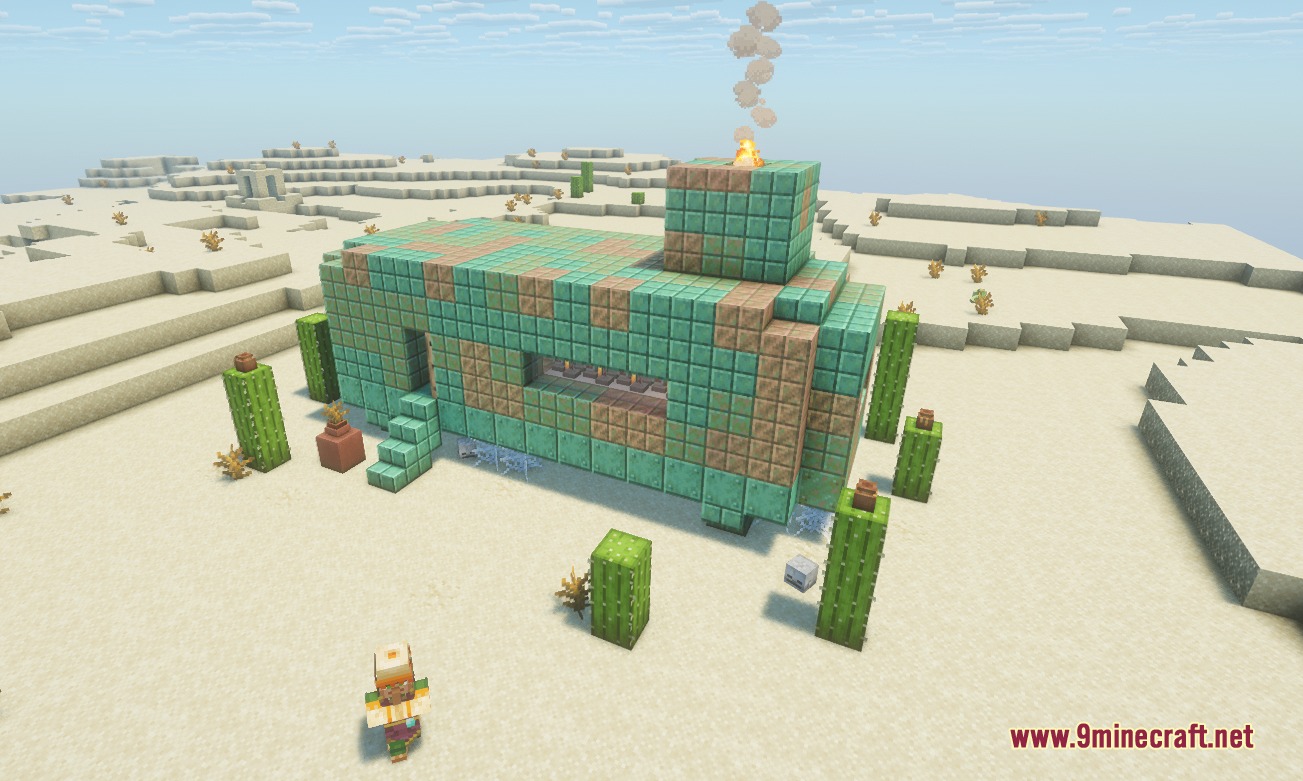 Aio's Extra Structures Mod Screenshot 5 A desert trailer built from copper blocks with a villager standing nearby