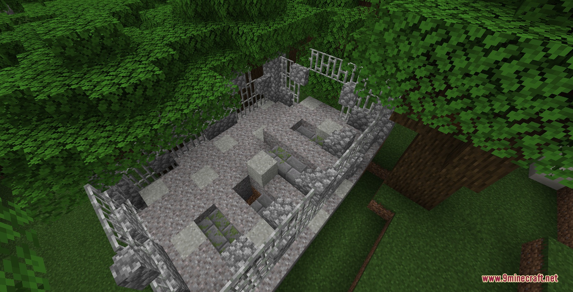 Aio's Extra Structures Mod Screenshot 6 A ruined stone graveyard structure hidden inside a dense dark oak forest