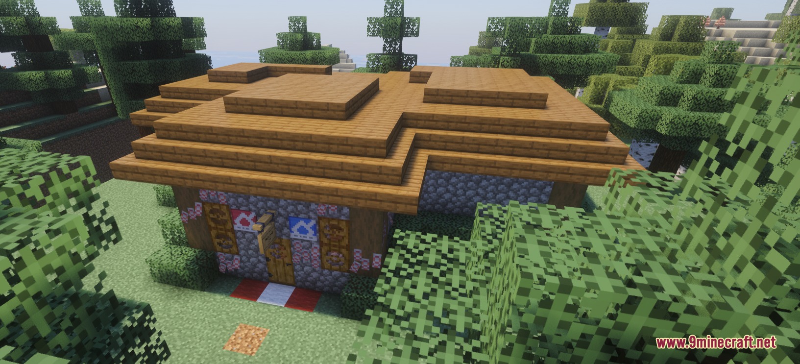 Aio's Extra Structures Mod Screenshot 7 Small wooden house with decorative banners and a red carpet path outside
