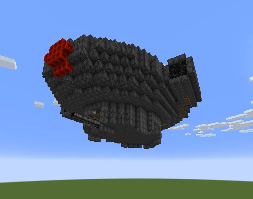 Underside view of a large armored airship featuring heavy defensive cannons and turrets