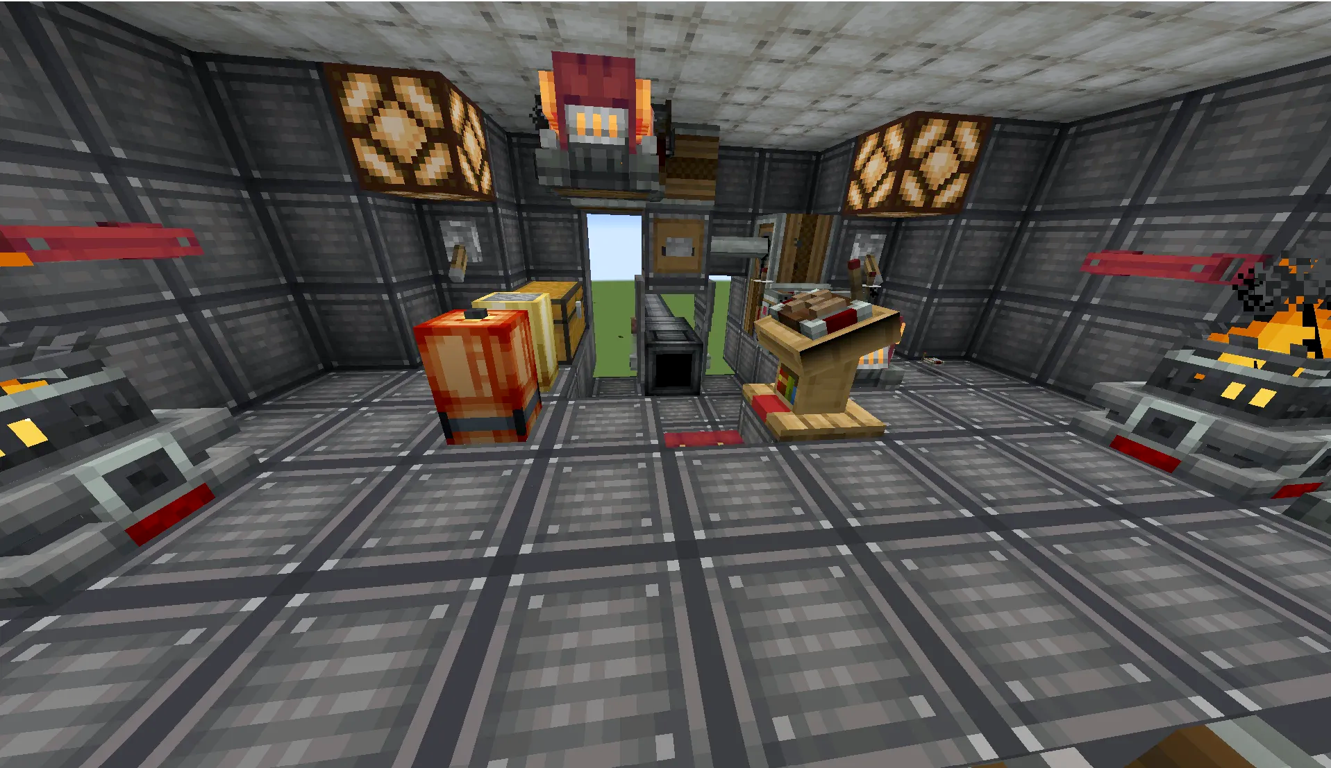 Storage chests and redstone lamps near the entrance of a military airship