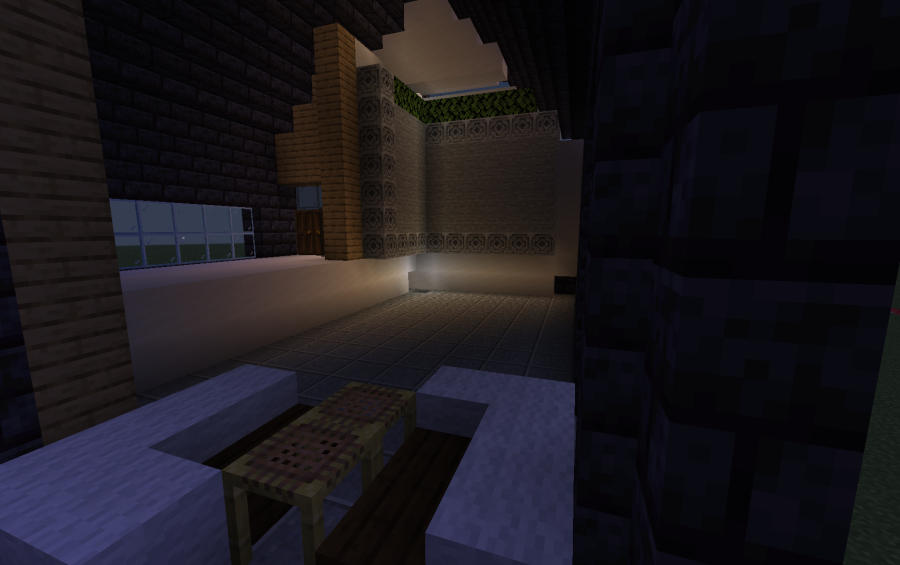 Airy Summer House Schematic Screenshots 3 Interior of a modern Minecraft house with white walls and wooden furniture