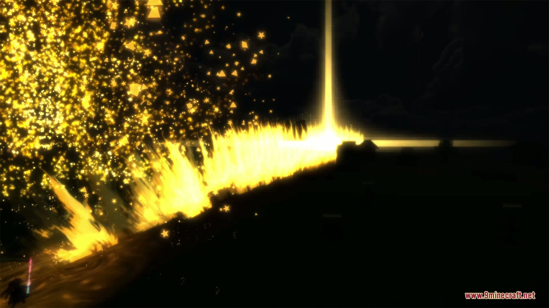 A massive explosion of golden particles and a vertical beam of glowing light