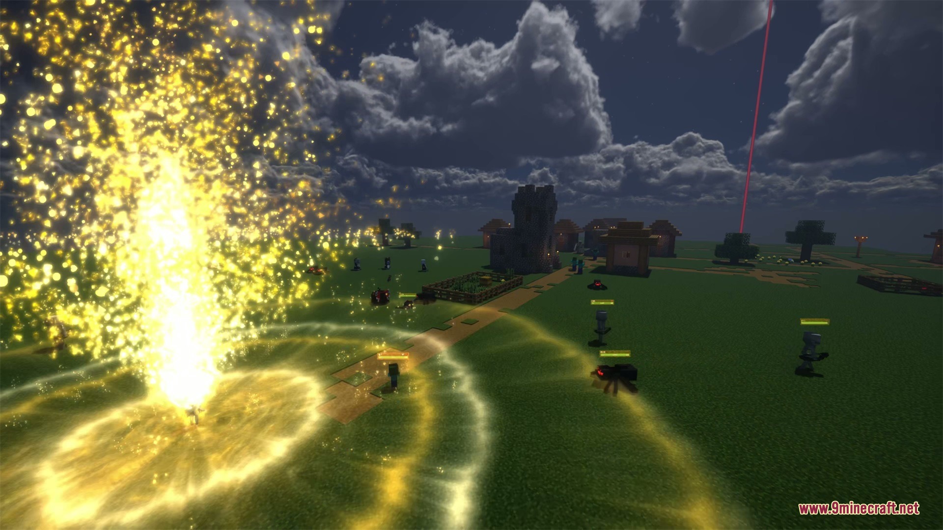 A massive golden energy explosion releases glowing particles near a village