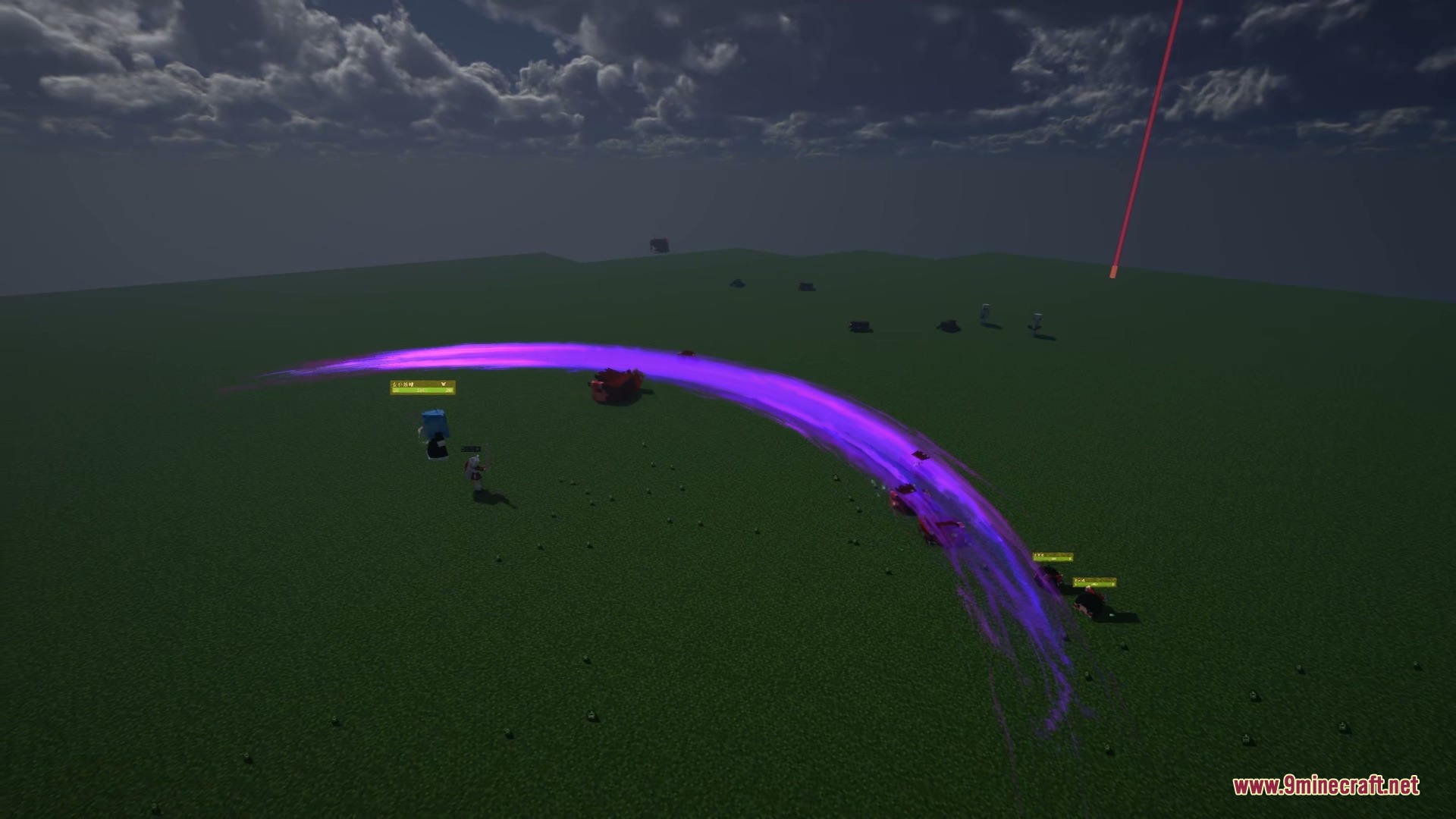 A vibrant purple energy sword trail sweeps across a flat grassy field