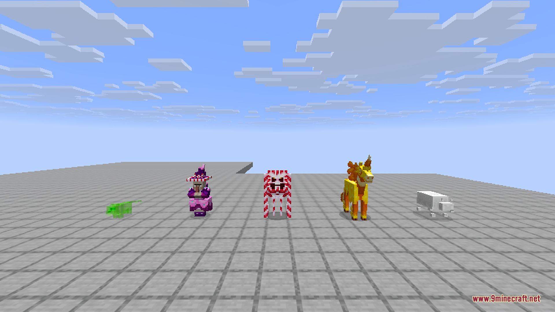 Alex's Caves 9minecraft Mod Screenshot 3 Five colorful and unique custom mobs standing on a grid platform