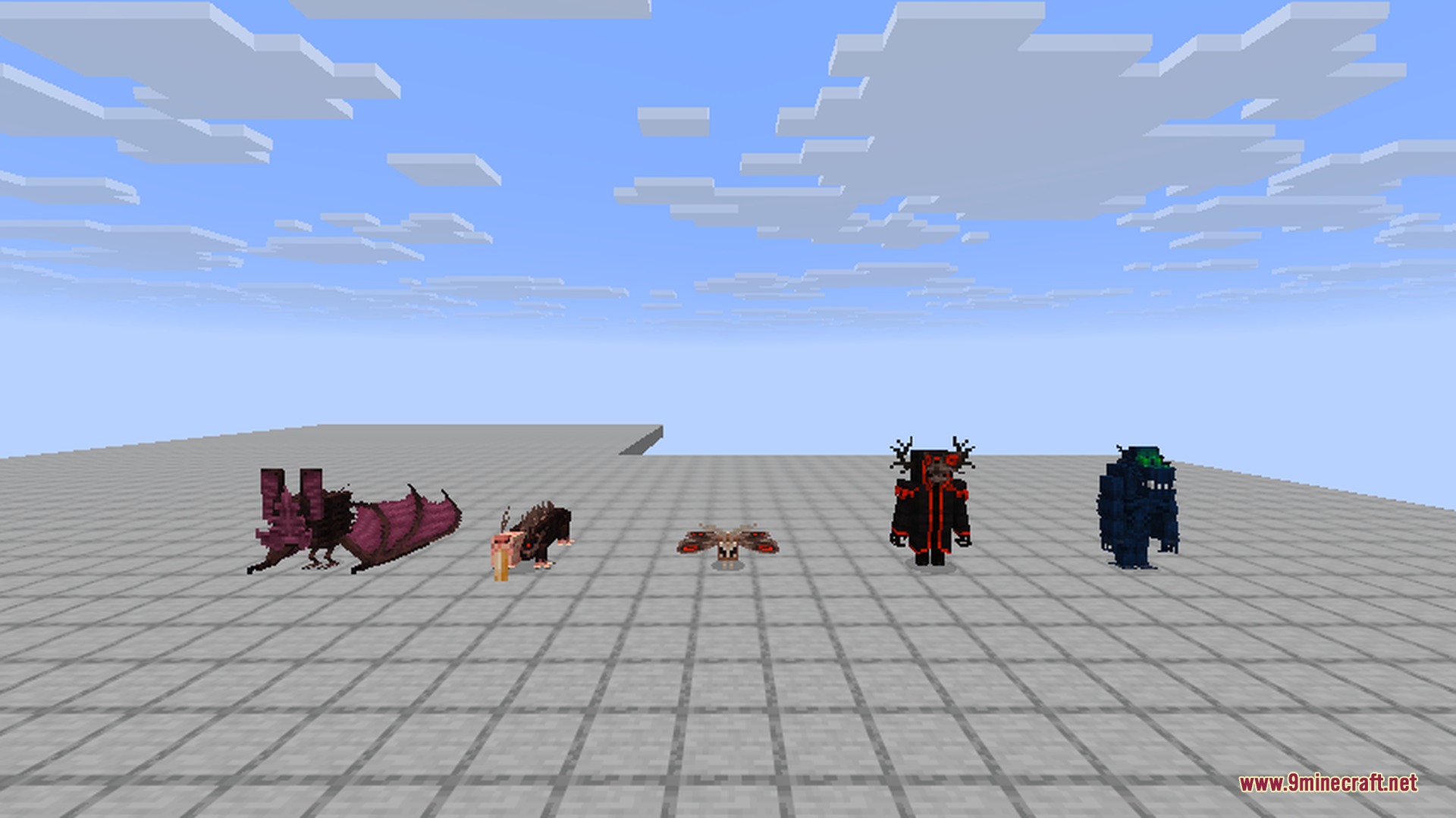 Alex's Caves 9minecraft Mod Screenshot 4 Dark and monstrous creatures from Alexs Caves standing on a gray grid