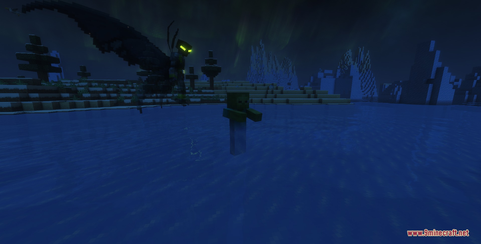 Aliens Reworked Mod Screenshot 1 Big Chill hovering over a zombie in a snowy night landscape