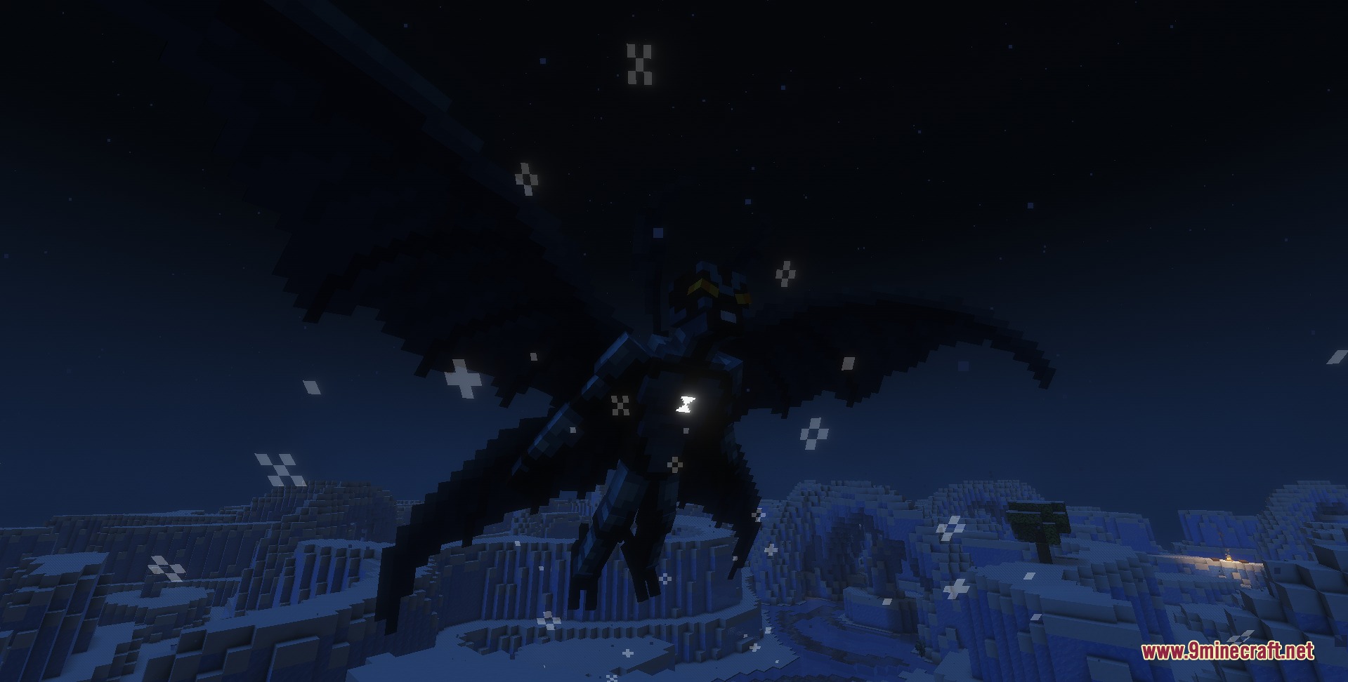 Aliens Reworked Mod Screenshot 4 Big Chill flying over a snowy mountain biome during a cold night