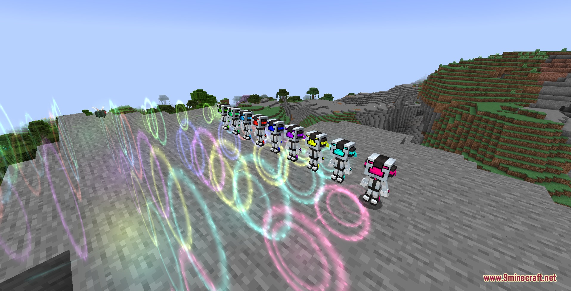 Aliens Reworked Mod Screenshot 7 Multiple Echo Echo variants emitting colorful sonic wave particle effects on stone