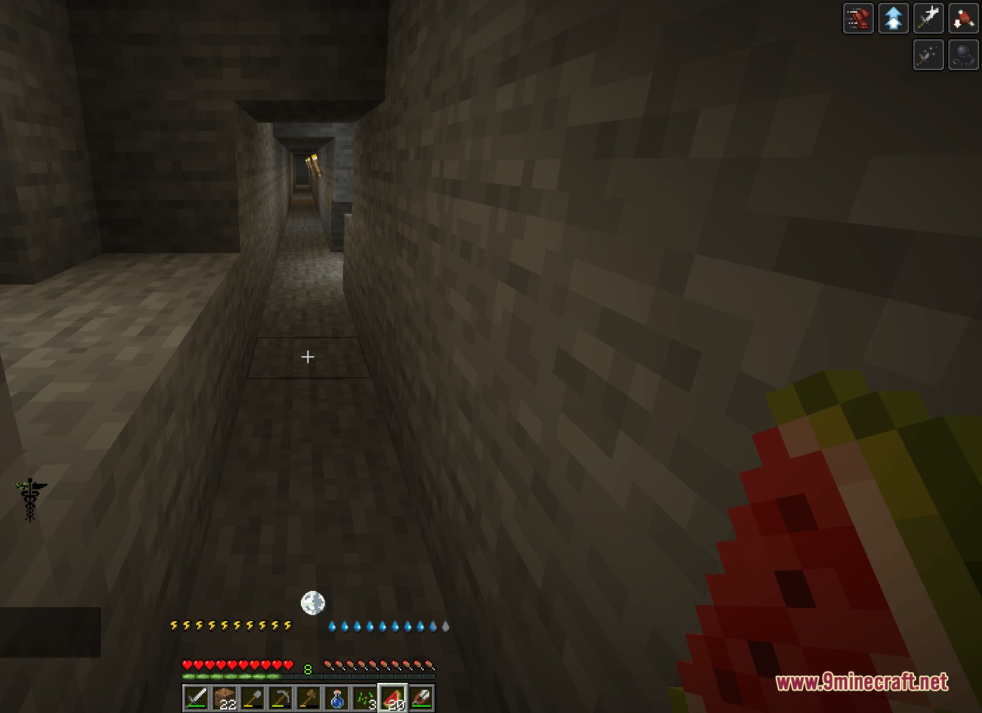 Alive Life & Death Mod Screenshot 2 First person view of a player navigating a narrow underground stone corridor