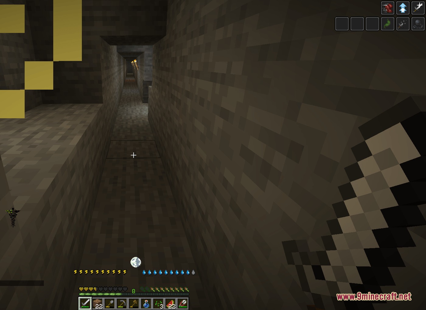 Alive Life & Death Mod Screenshot 5 Player exploring a dark stone tunnel with custom survival status bars and icons
