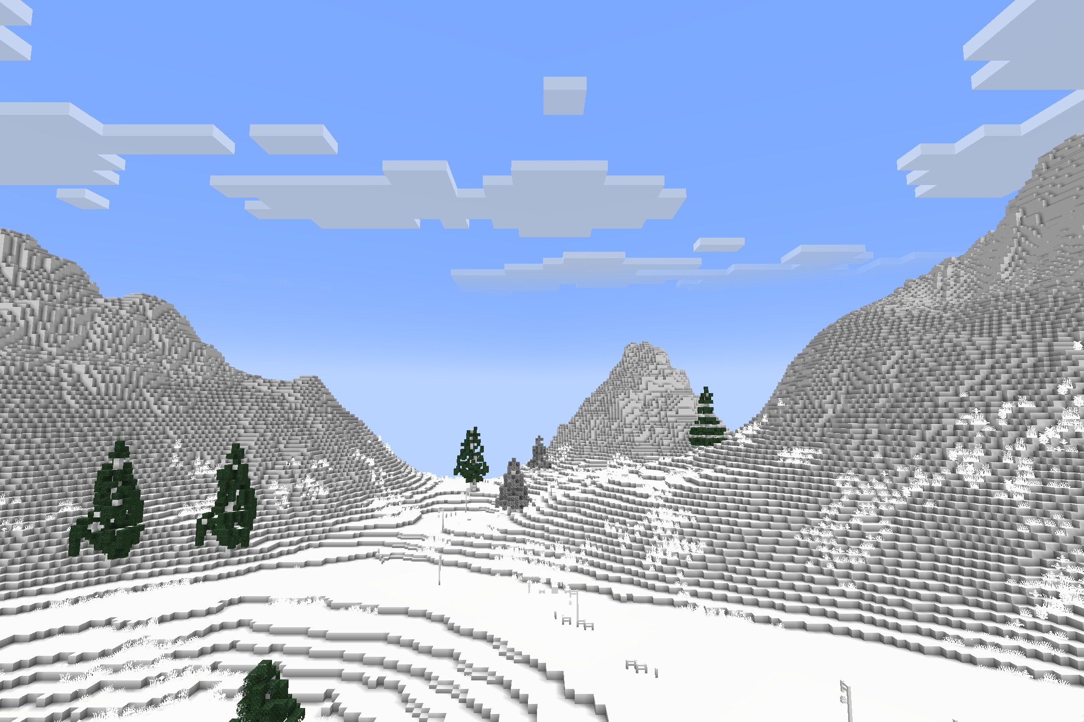 All-White Textures Resource Pack Screenshot 10 White mountains and hills in Minecraft with green trees scattered across the terrain
