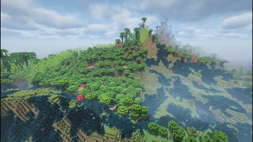 All in One Mining World Data Pack Screenshot 2 A diverse mountain landscape featuring bamboo forests and dark sculk patches on hills