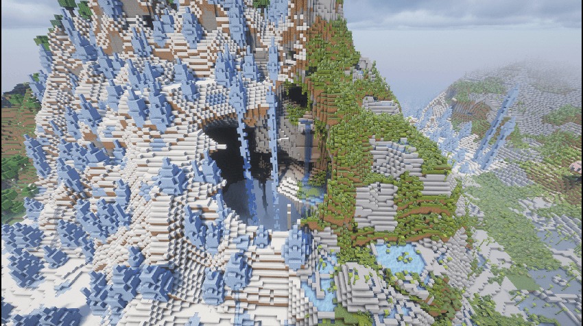All in One Mining World Data Pack Screenshot 4 Large mountain featuring blue ice spikes and waterfalls near a dark cave