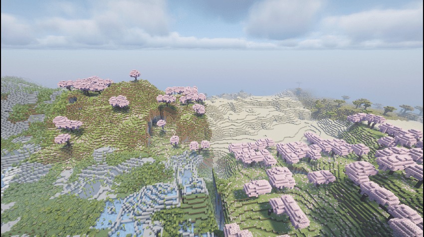 All in One Mining World Data Pack Screenshot 5 Lush cherry blossom trees growing on a green hill near a sandy desert