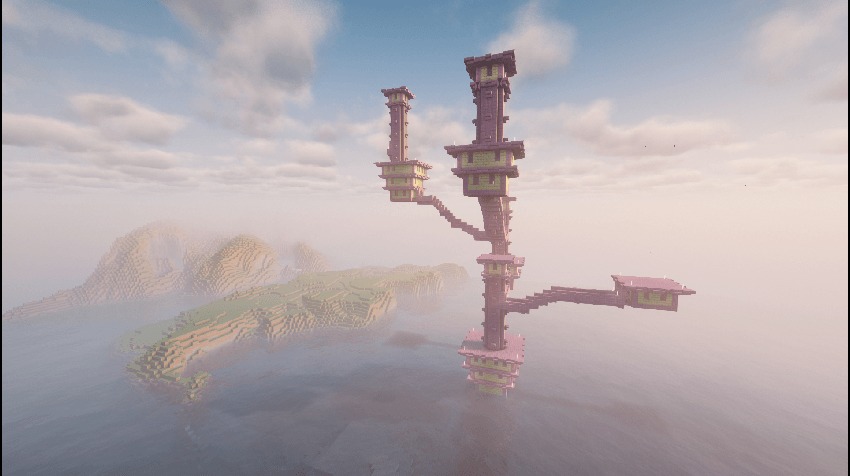 All in One Mining World Data Pack Screenshot 6 Tall purple End City towers floating above the ocean in a misty world