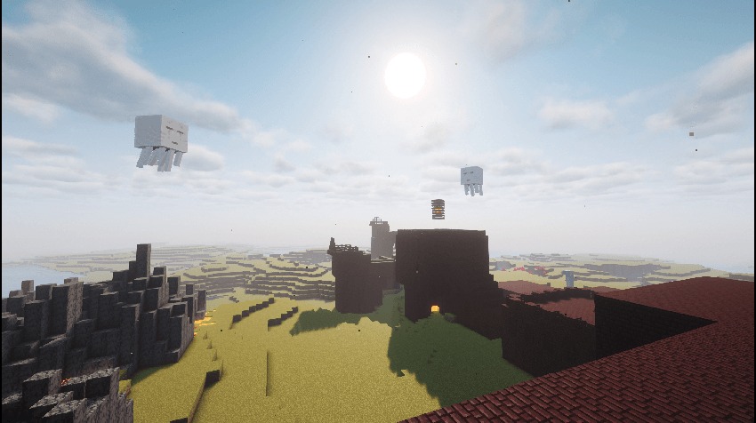 All in One Mining World Data Pack Screenshot 8 Ghasts flying above a Nether fortress structure in a bright grassy field