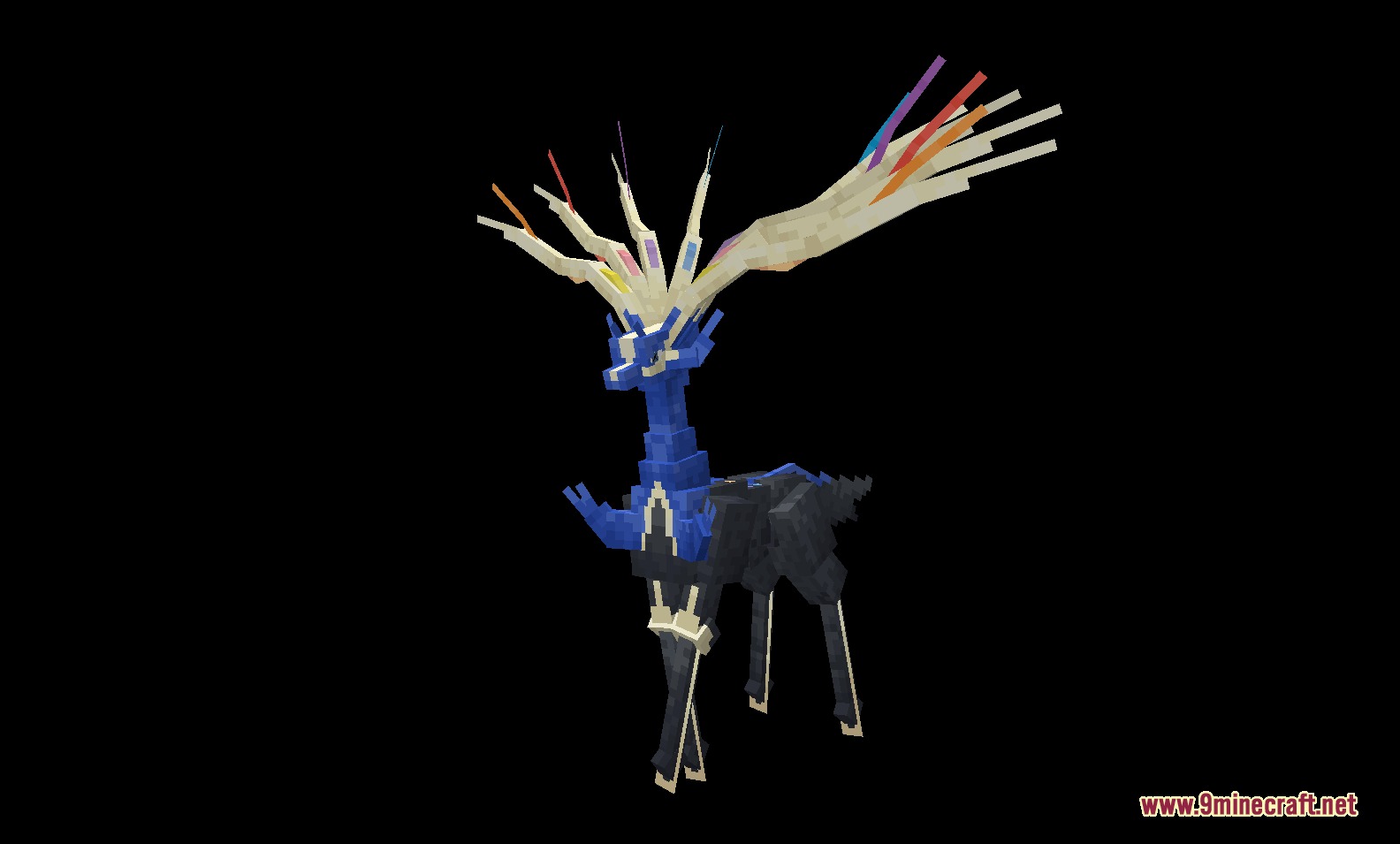 All the Mons Cobblemon Resource Pack Screenshot 2 Detailed Minecraft Xerneas model with colorful antlers on a black background