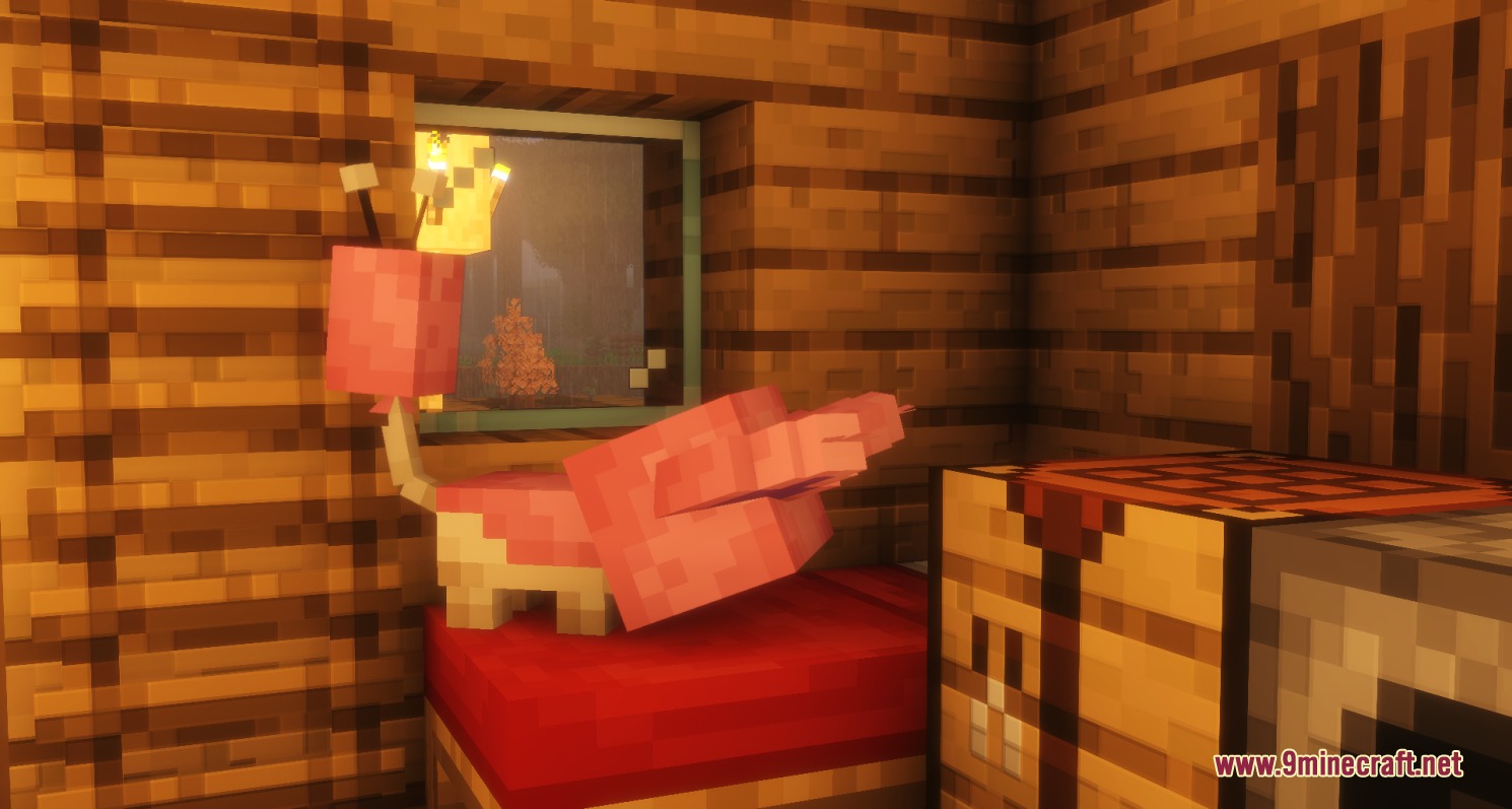 All the Mons Cobblemon Resource Pack Screenshot 4 A pink blocky creature sitting on a red bed in a wooden room